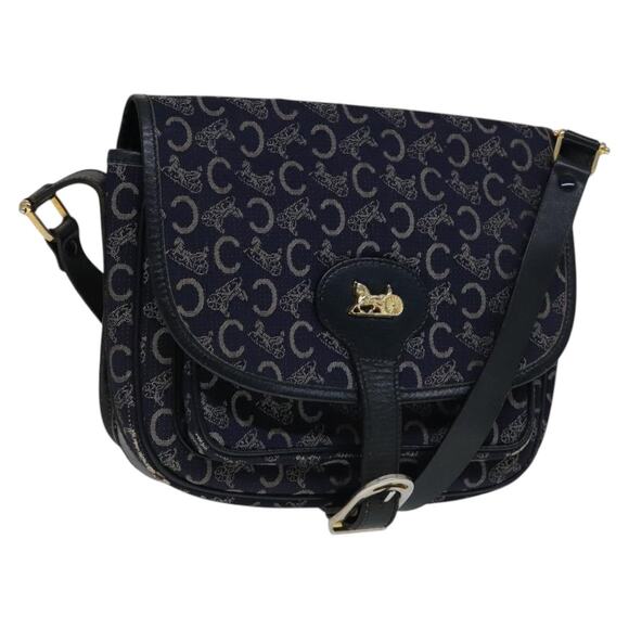 CELINE C Sulky Shoulder Bag Canvas Navy Gold - Picture 1 of 16